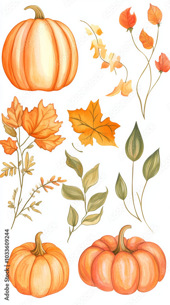 Naklejka premium Set of Pumpkins, Leaves, and Flowers on Isolated Background with Water, Autumn Harvest Concept