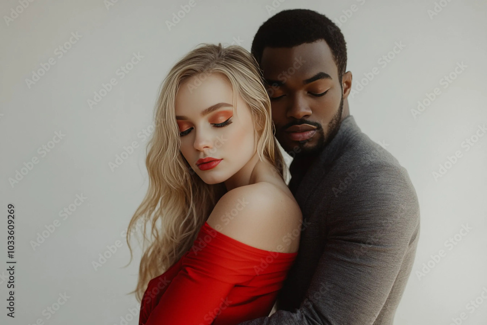 A blonde woman and a Black man hug. A blonde woman and a Black man hug.