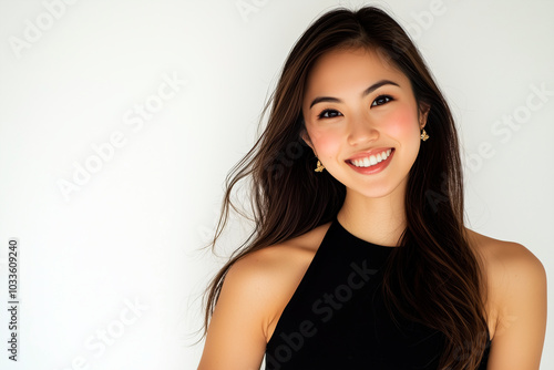 a young Asian woman with a friendly smile, wearing a black sleeveless top and gold earrings. Her long hair is styled naturally, contributing to her confident and approachable demeanor. The background 