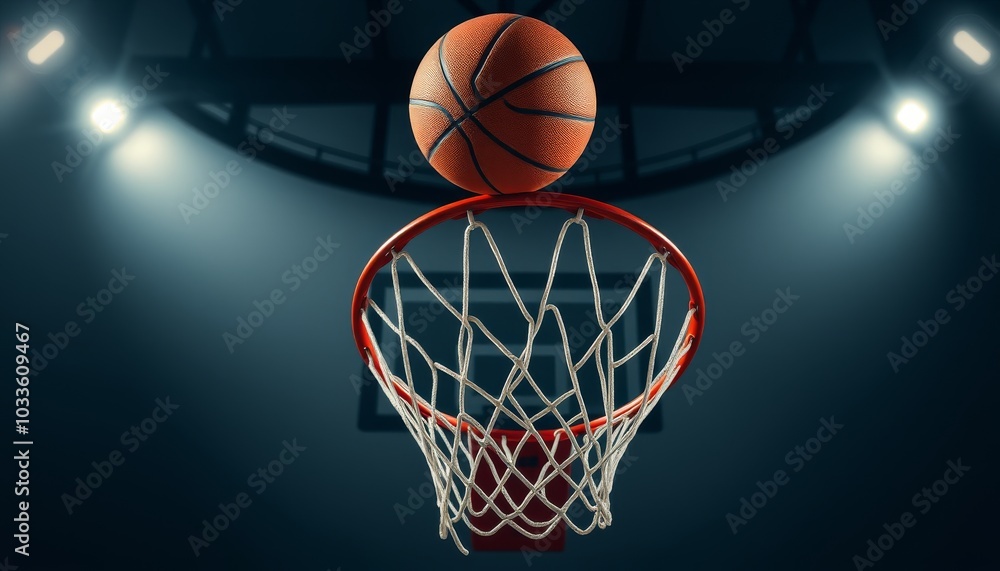 Basketball Above Hoop in Dramatic Lighting Basketball Above Hoop in Dramatic Lighting