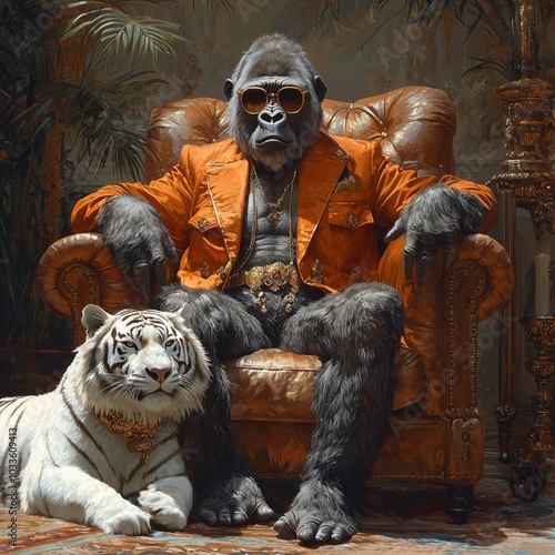 Gorilla sitting in a luxurious leather armchair, wearing stylish suit, trousers, and glasses. White tiger as pet, modern digital art. photo