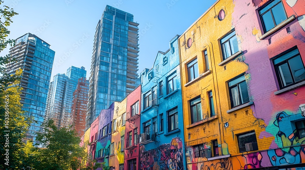 Bright sunlight reflects off the windows of retro skyscrapers, while the vibrant hues of street art murals stretch across their bases, evoking a nostalgic city vibe Bright sunlight reflects off the windows of retro skyscrapers, while the vibrant hues of street art murals stretch across their bases, evoking a nostalgic city vibe
