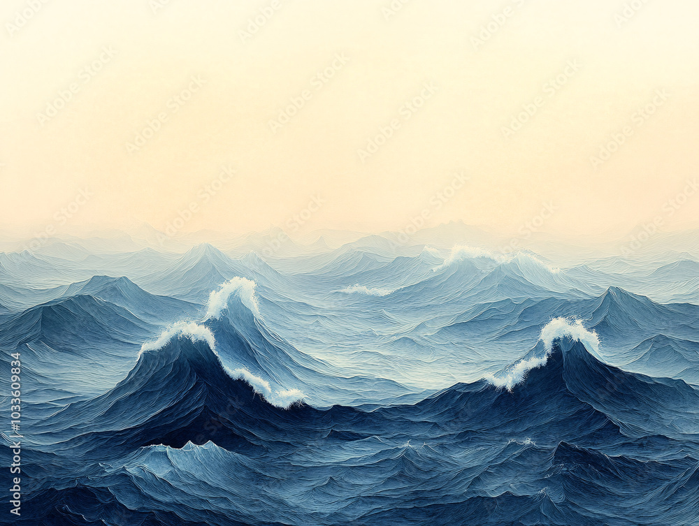 painting of a stormy sea with waves and clouds, rendered in a realistic style with a limited color palette. painting of a stormy sea with waves and clouds, rendered in a realistic style with a limited color palette.