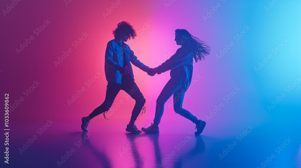 Image shows two dancers in casual clothes on a vibrant background in a trendy studio. They hold hands mid-dance, creating dynamic movement and energy. Image shows two dancers in casual clothes on a vibrant background in a trendy studio. They hold hands mid-dance, creating dynamic movement and energy.
