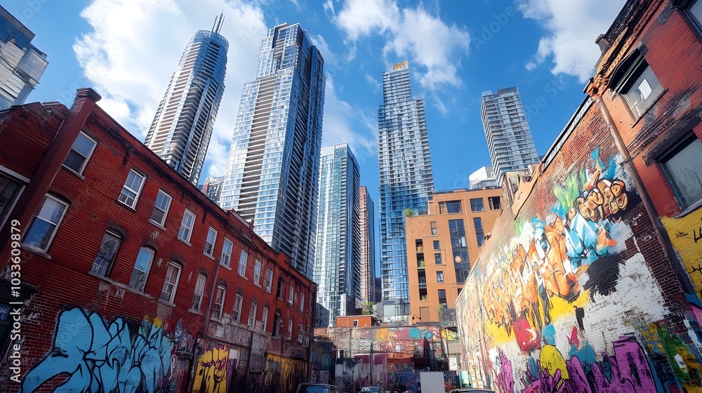 Obraz premium Glass skyscrapers rising into the sky with street art murals decorating the walls at ground level, adding a splash of culture to the modern city