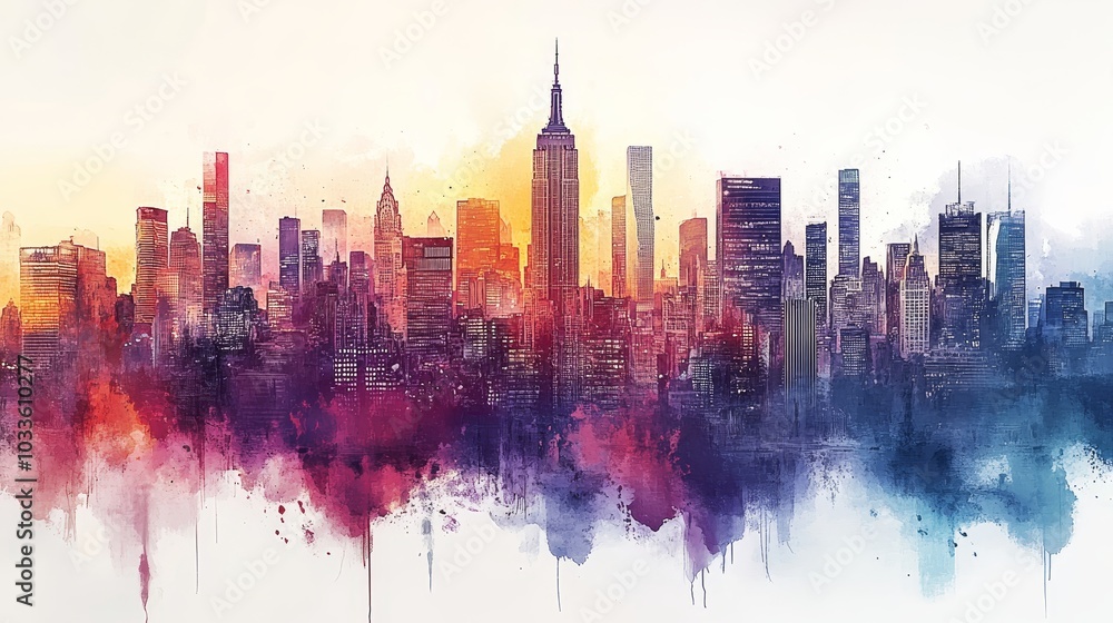 A sprawling skyline of futuristic skyscrapers, painted in delicate watercolor shades, vibrant street art splashed across the buildings, celebrating modern urban life A sprawling skyline of futuristic skyscrapers, painted in delicate watercolor shades, vibrant street art splashed across the buildings, celebrating modern urban life