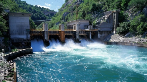 Aerial view of grand hydroelectric dam in forested mountain valley. Turquoise river flows beneath, showcasing human-nature energy alliance.