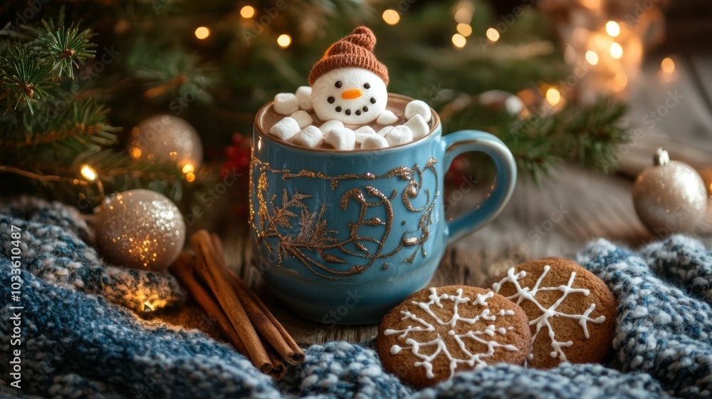 Warm holiday mug filled with marshmallows and cookies by the tree Warm holiday mug filled with marshmallows and cookies by the tree
