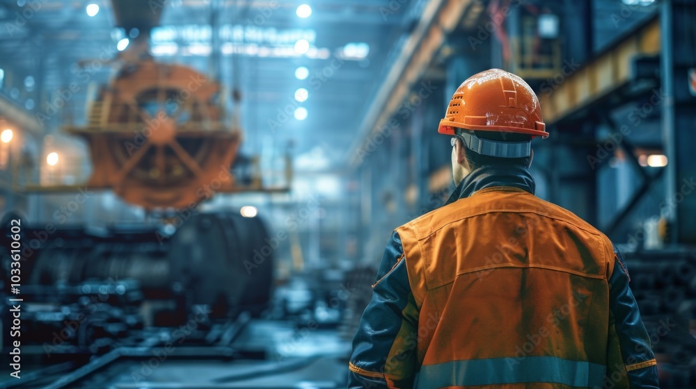 A worker in a safety vest and helmet stands by a yellow crane in a busy factory, overseeing production. It showcases industrial work and safety measures. A worker in a safety vest and helmet stands by a yellow crane in a busy factory, overseeing production. It showcases industrial work and safety measures.