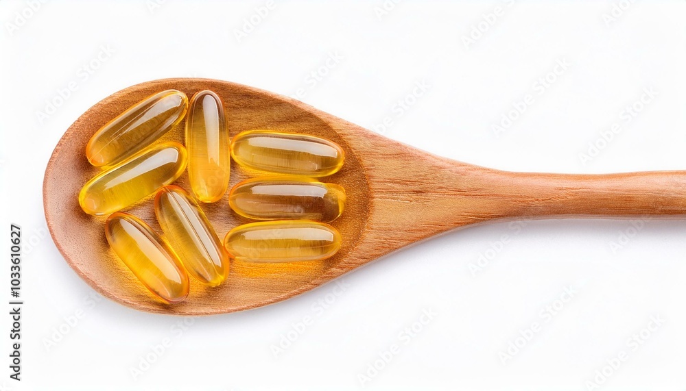 Vitamin capsules in wooden and black spoon isolated on white, Health supplement. ai generated Vitamin capsules in wooden and black spoon isolated on white, Health supplement. ai generated