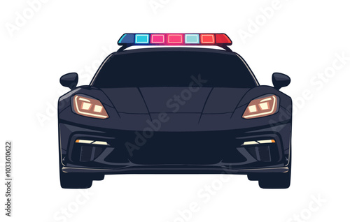 A sleek black police sports car viewed from the front with flashing red and blue lights, representing speed, authority, and law enforcement