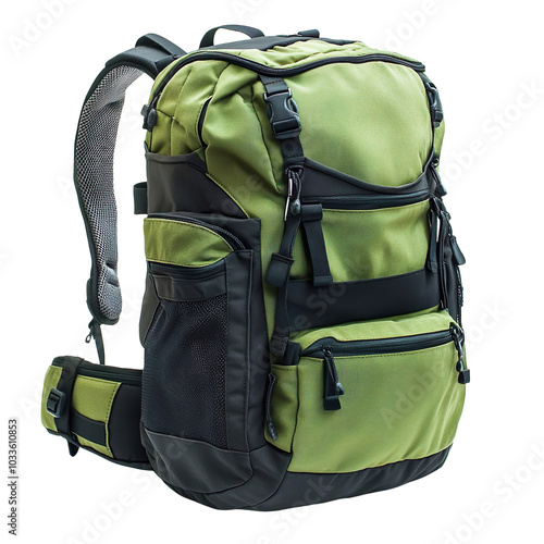 Green and black hiking backpack with multiple compartments isolated on transparent background