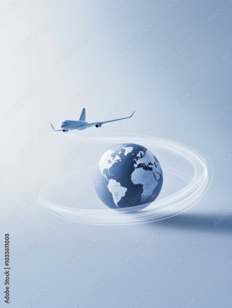 Fototapeta premium A simple globe with an airplane leaving a motion trail illustrates the excitement and freedom of global exploration and travel. Generative AI