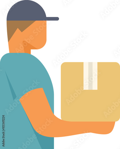 Delivery man wearing blue shirt and cap holding cardboard box containing package