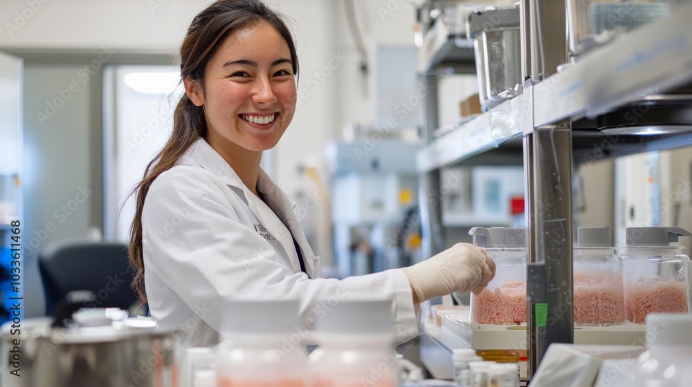 A food scientist smiling while analyzing food samples in a modern lab