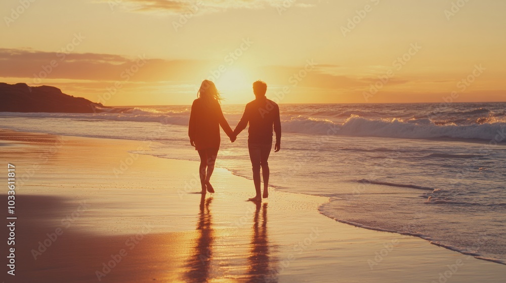 Happy young couple in love at the beach, holding hands and laughing together, as the sun sets over the ocean on a warm summer evening, waves gently lapping at their feet. Happy young couple in love at the beach, holding hands and laughing together, as the sun sets over the ocean on a warm summer evening, waves gently lapping at their feet.