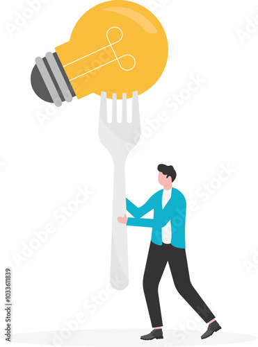 Business team cut a fork knife and ate a meal light bulb wire inspiration. Flat vector illustration
