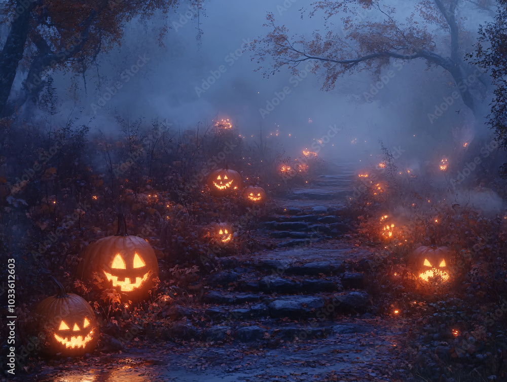 a forest path lined with pumpkins carved to resemble jack-o'-lanterns, leading towards a dense forest. a forest path lined with pumpkins carved to resemble jack-o'-lanterns, leading towards a dense forest.