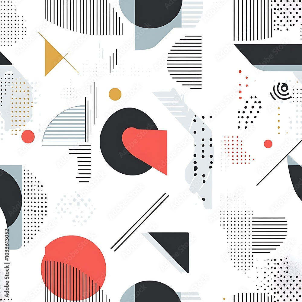Abstract geometric seamless pattern with circles, lines, dots, and triangles in red, black, grey, white, and yellow on a white background. Abstract geometric seamless pattern with circles, lines, dots, and triangles in red, black, grey, white, and yellow on a white background.