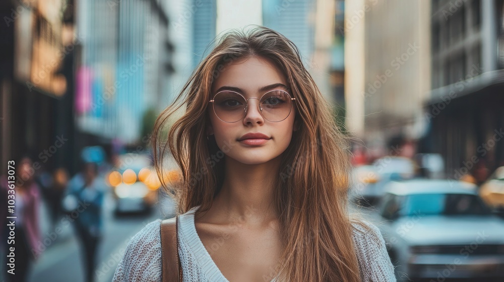 Beautiful girl walks in a bustling metropolis. Beautiful girl walks in a bustling metropolis.