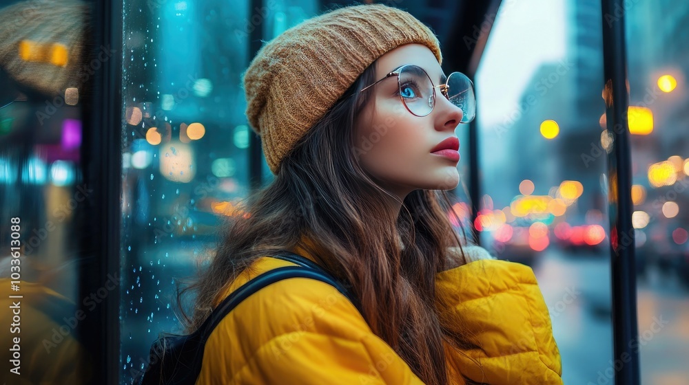 Beautiful girl waits at a bus station in a bustling metropolis. Beautiful girl waits at a bus station in a bustling metropolis.