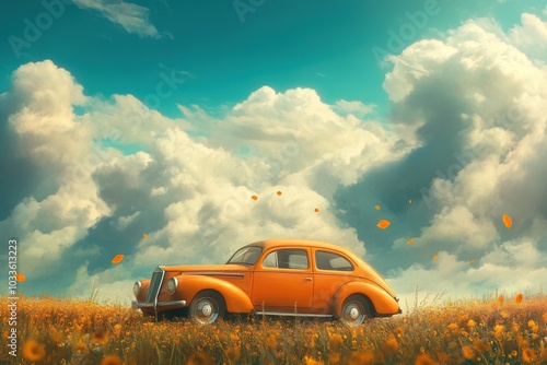 Vintage car in orange field under blue sky