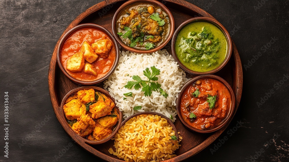 Flavorful Indian Cuisine Plate with Rice and Curries Flavorful Indian Cuisine Plate with Rice and Curries