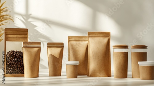 Compostable food packaging made from plant fibers, displayed on a clean white background with soft natural light, minimalistic, eco-friendly design, clean lines, realistic, high detail photo