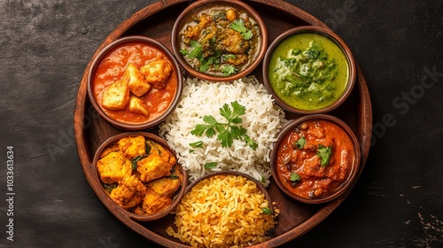 Flavorful Indian Cuisine Plate with Rice and Curries