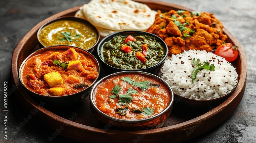 Flavorful Indian Cuisine Plate with Rice and Curries Flavorful Indian Cuisine Plate with Rice and Curries