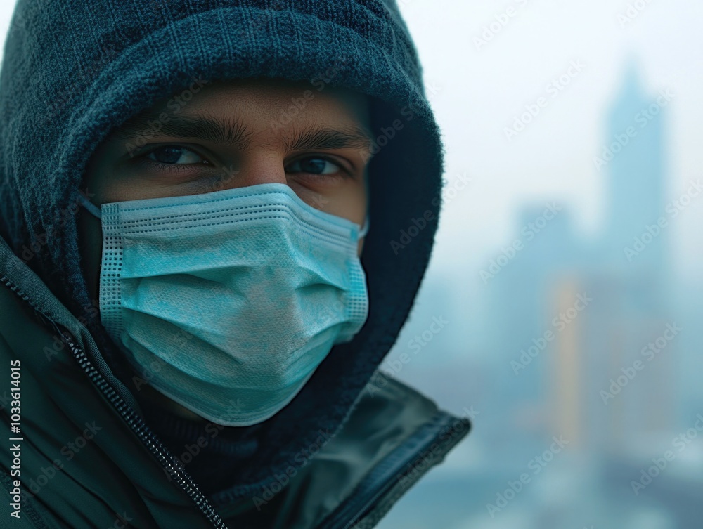 Determined Masked Runner in a Cityscape Determined Masked Runner in a Cityscape