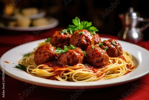 Spaghetti plate meat meatball.