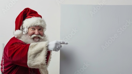 Santa Claus Pointing with Blank Sign Isolated on White Background photo