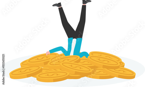 Businessman stands upside down in a pile of money
