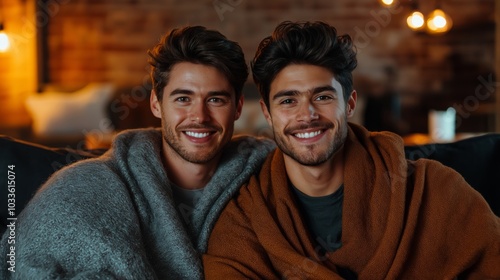 Two men sitting together, wrapped in soft blankets, smiling warmly at the camera in a cozy indoor setting, with soft lighting and a relaxed, comforting atmosphere