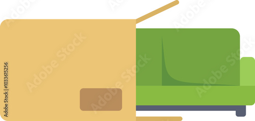 Green sofa is being unboxed from a cardboard box after delivery to a new home or business