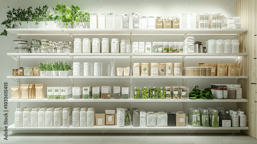 Conceptual zero-waste grocery store shelf, filled with various compostable packaging, holographic labels showing environmental benefits, futuristic shopping environment Conceptual zero-waste grocery store shelf, filled with various compostable packaging, holographic labels showing environmental benefits, futuristic shopping environment