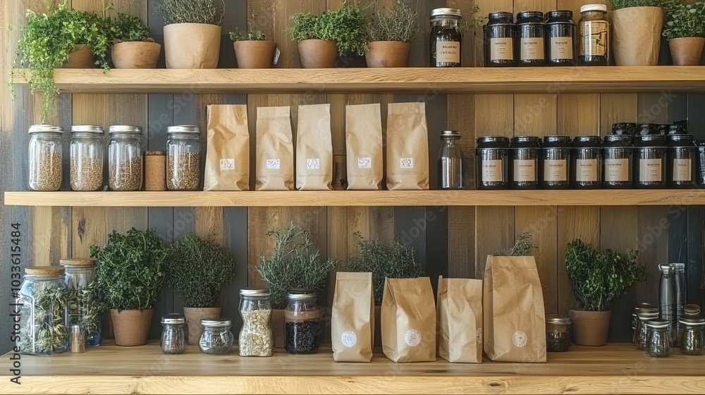 Contemporary display of zero-waste products in compostable materials, including paper bags and glass containers, on neatly arranged wooden shelves Contemporary display of zero-waste products in compostable materials, including paper bags and glass containers, on neatly arranged wooden shelves