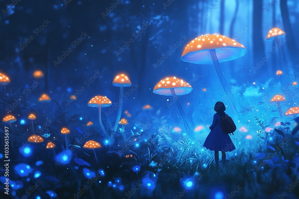 Mystical forest with glowing mushrooms and a girl Mystical forest with glowing mushrooms and a girl