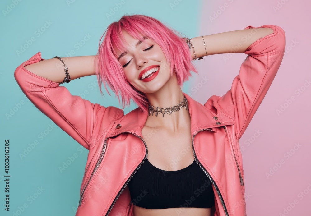 Young attractive woman in pink jacket, with short hair smiling, she is happy. Behind pink and blue wall Young attractive woman in pink jacket, with short hair smiling, she is happy. Behind pink and blue wall