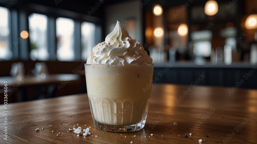 A creamy milkshake with whipped cream and sprinkles in a glass on a wooden table. A creamy milkshake with whipped cream and sprinkles in a glass on a wooden table.