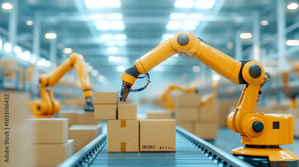 High-tech robotic arms in a streamline inventory stacking and logistics operations with automated conveyor belts and advanced technology, innovation in warehouse management and industrial processes. High-tech robotic arms in a streamline inventory stacking and logistics operations with automated conveyor belts and advanced technology, innovation in warehouse management and industrial processes.