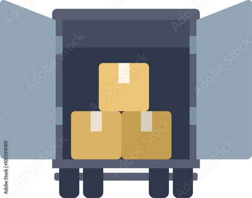 Delivery truck is waiting with open doors, ready for unloading of cardboard boxes