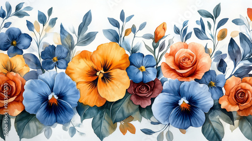 Wallpaper Mural Colorful Summer Flowers - Pansy, Lily, Roses, Leaves, and Bud on White Background Torontodigital.ca