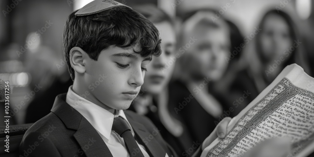 Young Boy Reading from the Torah During His Bar Mitzvah Ceremony Proud Family Members Watching Young Boy Reading from the Torah During His Bar Mitzvah Ceremony Proud Family Members Watching