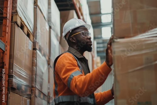 Containerized warehouse worker inspecting hardhat pallet helmet.