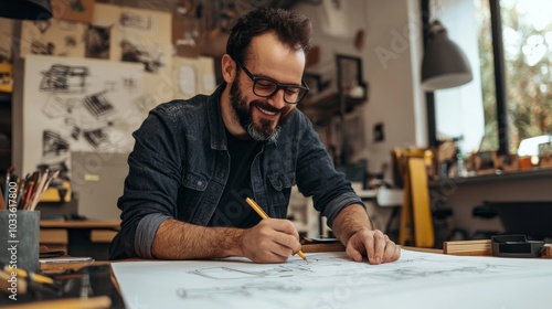 A joyful architect sketching new ideas in a bright studio