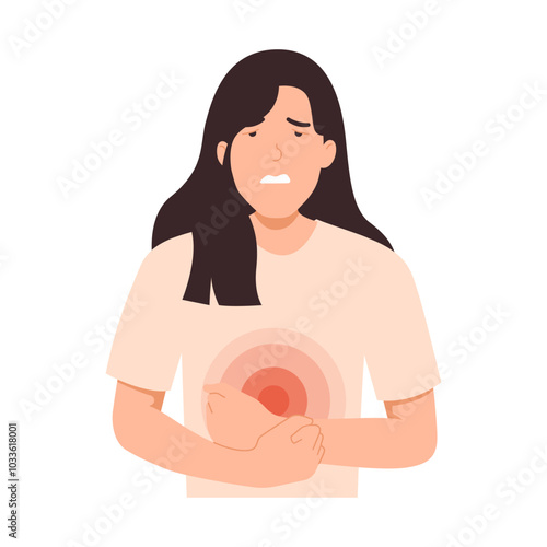 Young woman gesture of abdominal pain holding stomach with pained expression. Female menstruating. Digestive problem. Vector illustration.