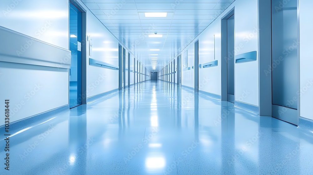 Clean hospital corridor with bright lighting, sharp lines, and sterile white surfaces, evoking a sense of professionalism and safety Clean hospital corridor with bright lighting, sharp lines, and sterile white surfaces, evoking a sense of professionalism and safety