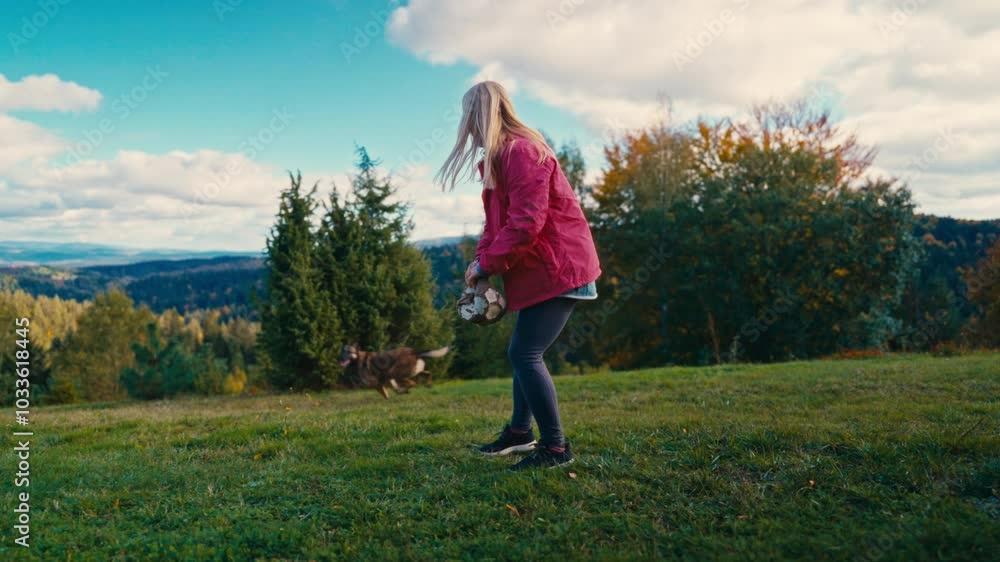 Woman plays fetch with a ball with her dog on a mountain meadow, surrounded by lush greenery. Concept of outdoor activity, companionship, and enjoyment in nature. Slow motion Woman plays fetch with a ball with her dog on a mountain meadow, surrounded by lush greenery. Concept of outdoor activity, companionship, and enjoyment in nature. Slow motion